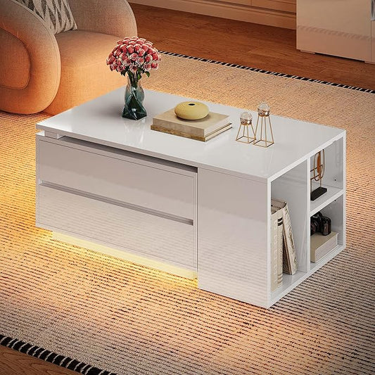 YITAHOME Coffee Table LED Coffee Table with 4 Storage Drawers, Extendable Coffee Tables for Living Room, Modern Wooden Rectangle Cocktail Table with Open Shelves & Sliding Tabletop 35"- 61", White