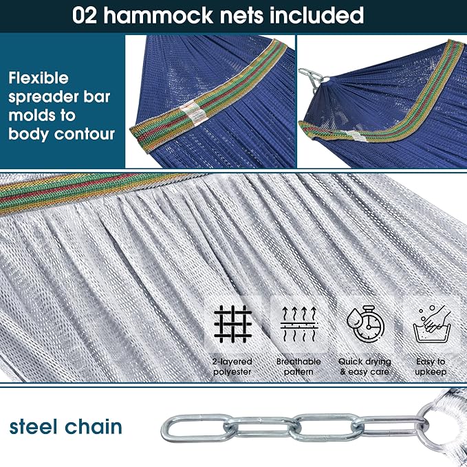 Tranquillo Combo x2 Hammocks with Stand for Outside & Tree Straps, Heavy Duty Hammock with Stand 600lbs for Indoor Outdoor Patio Backyard, x2 Hammocks for 2 Person, Portable Carrying Bags, Aegean - Image 6