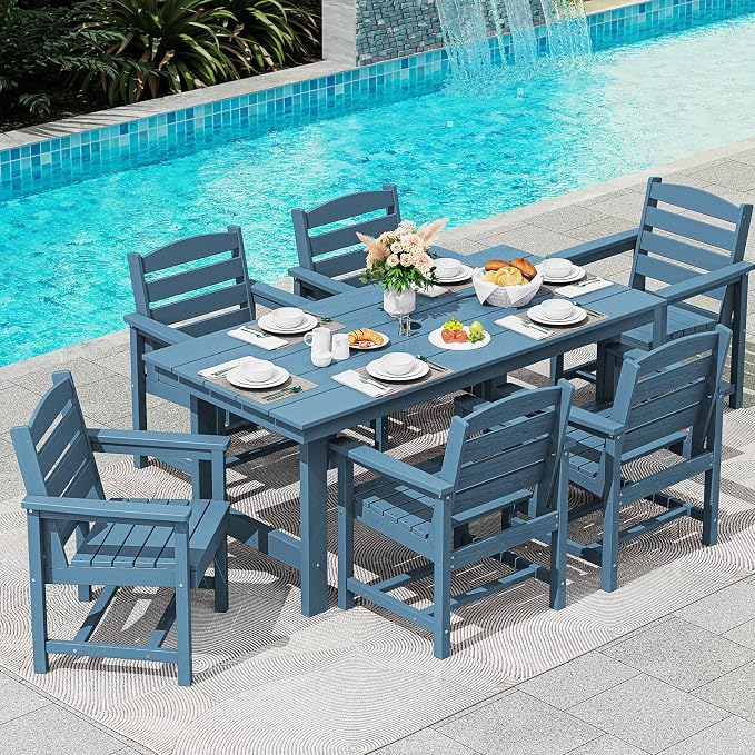 SERWALL Outdoor Dining Table, 67" Rectangle HDPE Dining Table for 6, Patio Table for Dining with Umbrella Hole, Blue - Image 7