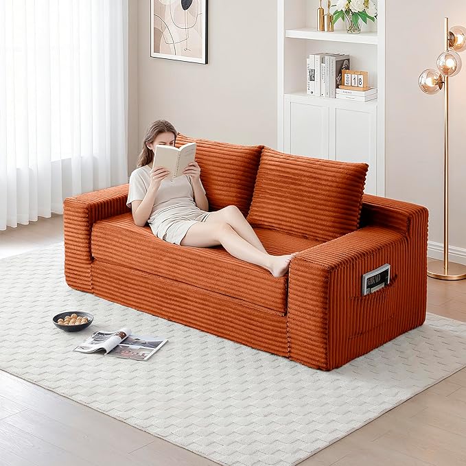 73" Convertible Sofa Bed, 2 in 1 Corduroy Folding Couch with Pillows, No Assembly Boneless Compression Sofa in Box, Loveseat with Side Storage Pocket for Apartment, Living Room, Orange