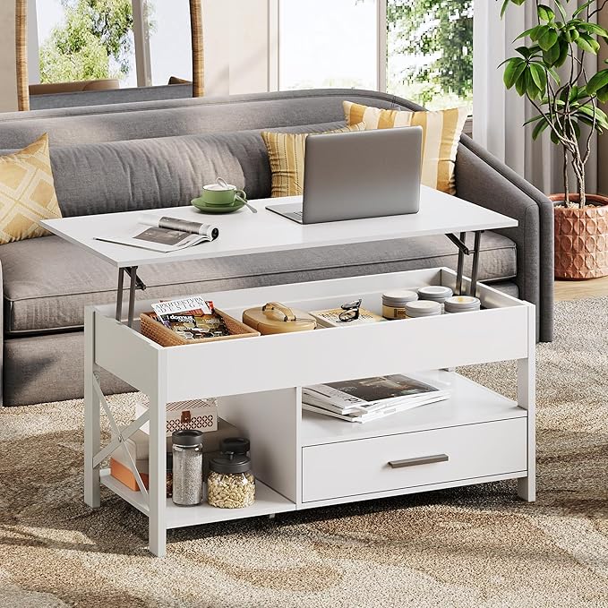 WLIVE Coffee Table, 39" Lift Top Coffee Table with Hidden Compartment, Storage Drawers and Storage Shelf for Living Room, Reception Room, White
