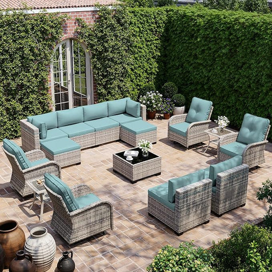 15-Piece Outdoor Patio Furniture Set with Rocking Swivel Chair, Wicker Rattan Sectional Sofa Conversation Set with Tempered Glass Table with Ottomans, Backyard Furniture, Light Blue