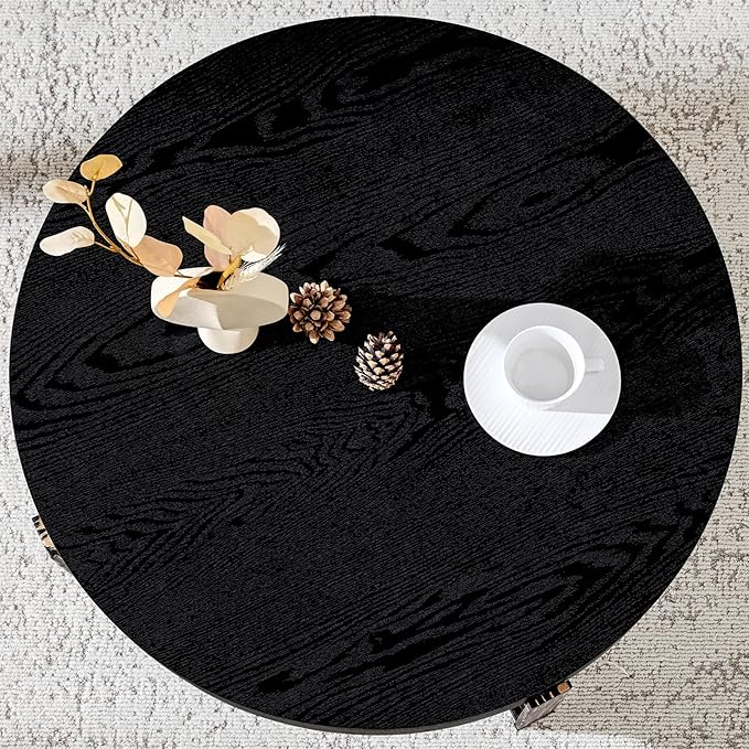 Round Coffee Table, Small Wood Coffee Table with Storage, Modern Mid Century Metal Circle Tables Accent Center Tables for Living Room Apartment Small Space (31.5''D-Black)