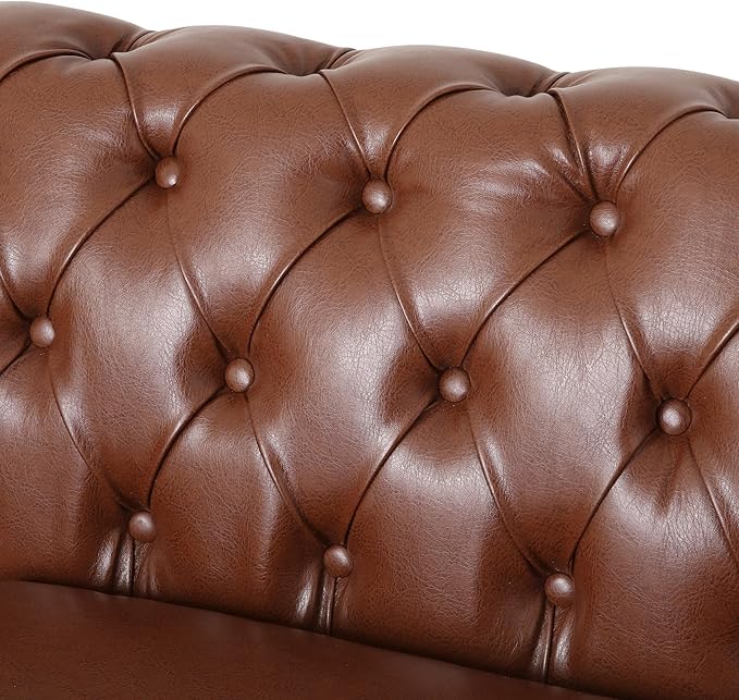 Merax PU Chesterfield Sofa, Retro Style Upholstered 6 Seater Leather Rolled Arm Couch for Living Room Bedroom Office, Light Brown