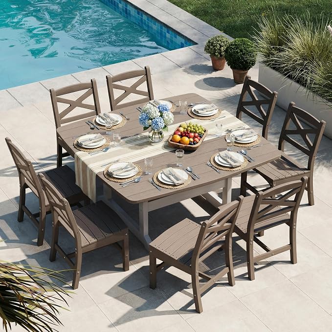 Outdoor Dining Set, HDPE 9-Piece Patio Table and Chairs Set, All-Weather Outdoor Dining Table Set for 8 with Umbrella Hole, Durable Patio Furniture Set with Chairs,White Brown - Image 7
