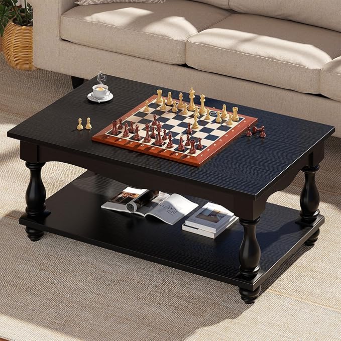 47 inch Black Coffee Table with Storage, 2-Tier Farmhouse Coffee Table with Solid Wood Legs, Mid Century Coffee Tables for Living Room