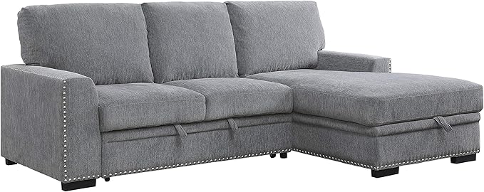 Lexicon Mid Century Modern Sectional Sleeper Sofa Bed Couch with Storage Chaise, Sectional Sofa Pull Out Couch Bed, Sectional Couch Lounge Sofa for Living Room Apartment, Right Side Chaise, Gray