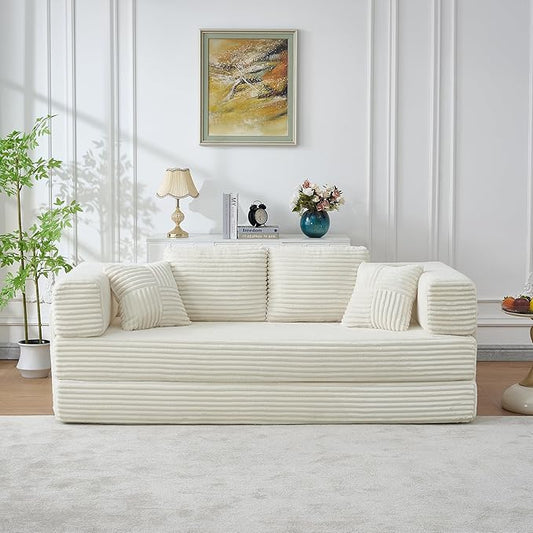 Convertible Sleeper Sofa Bed with Cylindrical Pillow, 3 in 1 Corduroy Folding Mattress Couch,Floor Sofas Lounge Couches w/Fixed-Shape Frame for Living Room,Ivory