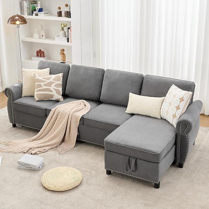 ERYE L-Shaped Reversible Sectional Sofa with Pull Out Queen Memory Mattress Sleeper Bed, 2-in-1 L-Shaped Corner Sectional Couches W/Wireless Charging, Storage Chaise Lounge