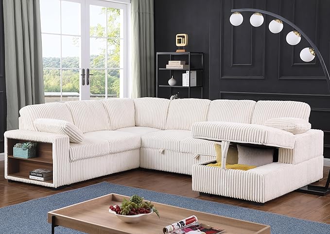 6 Seater Oversized U Shaped Sleeper Sectional Sofa Pull Out Couch Bed, Comfy Corduroy Upholstered Convertible Pullout Lounge Sofa Sofabed w/Storage Chaise, Shelves for Living Room Apartment