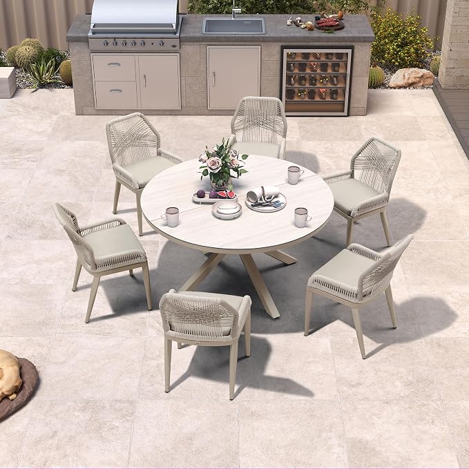 PURPLE LEAF 7 Pieces Round Dining Set Patio Aluminum Modern Round Table and Wicker Chairs with Cushions for Kitchen Backyard Garden Outdoor Furniture Sets, Champagne - Image 2