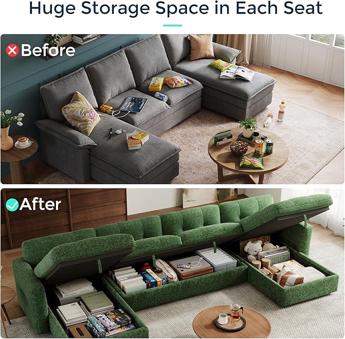 152" Oversized Modular Sofa with Storage, U Shaped Sectional Couch with Chaise and Adjustable Armrest, Comfy Chenille Cloud Couches for Living Room Apartment, Green