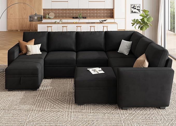 HONBAY Modular Sectional Couch with Storage, Velvet U-Shaped Sectional Sofa with Storage Ottoman Convertible U-Shaped Sofa for Living Room, Black