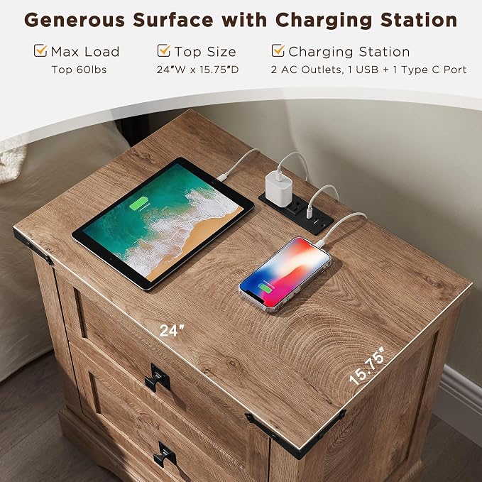 T4TREAM 24" Farmhouse Nightstand with Charging Station, Large End Table with 2 Storage Drawers, Rustic Wood Sofa Bedside Table for Bedroom, Light Knotty Oak - Image 4