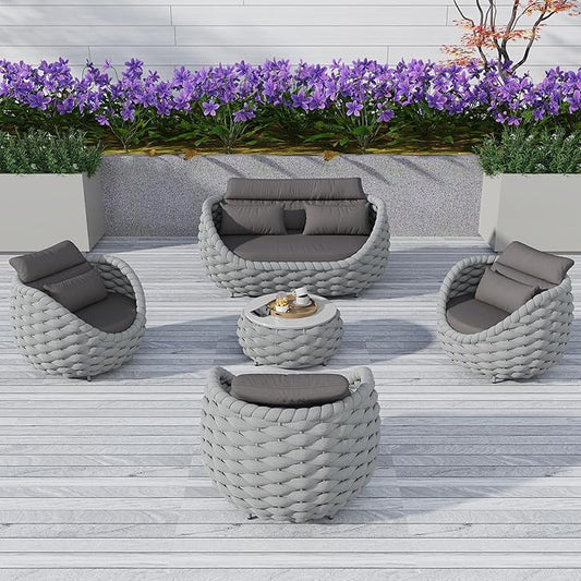 TWT 5 Pieces Patio Furniture Set Outdoor Rope Conversation Sectional Patio Sofa with 5 Seater for Backyard, Porch, Modern Armchairs with Thickness Cushions and Side Table