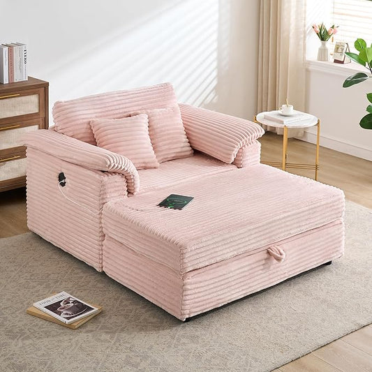 KEIKI 47.24 inch Corduroy Sofa, Wide Corduroy Armchair with Storage Feet and 2 Throw Pillows, Sleeper Couch for Living Room, Apartment, Salon, Home Theater, Pink