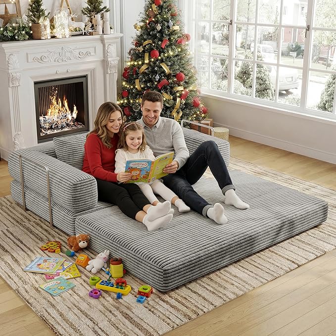 4 in 1 Futon Sofa Bed Queen Size - Foldable Convertible Sleeper Sofa Couch with L-Shaped Armrests Space Saving Floor Mattress for Bedroom & Dorm(Light Gray, 59” 2 Seat)