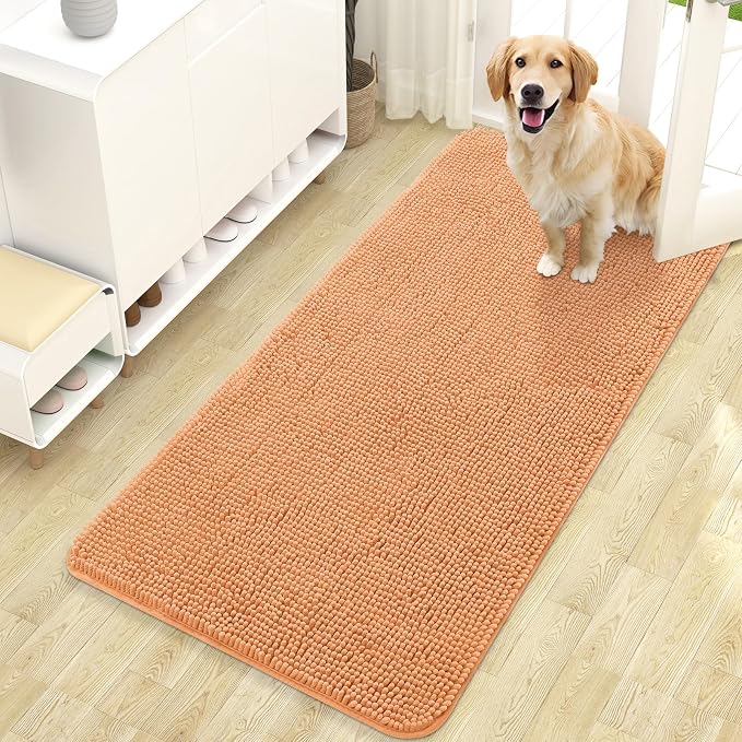 OLANLY Dog Door Mat for Muddy Paws 47x24, Absorbs Moisture and Dirt, Absorbent Non-Slip Washable Doormat, Quick Dry Chenille Mud Mat for Dogs, Entry Indoor Entryway Carpet for Inside Floor, Orange by OLANLY