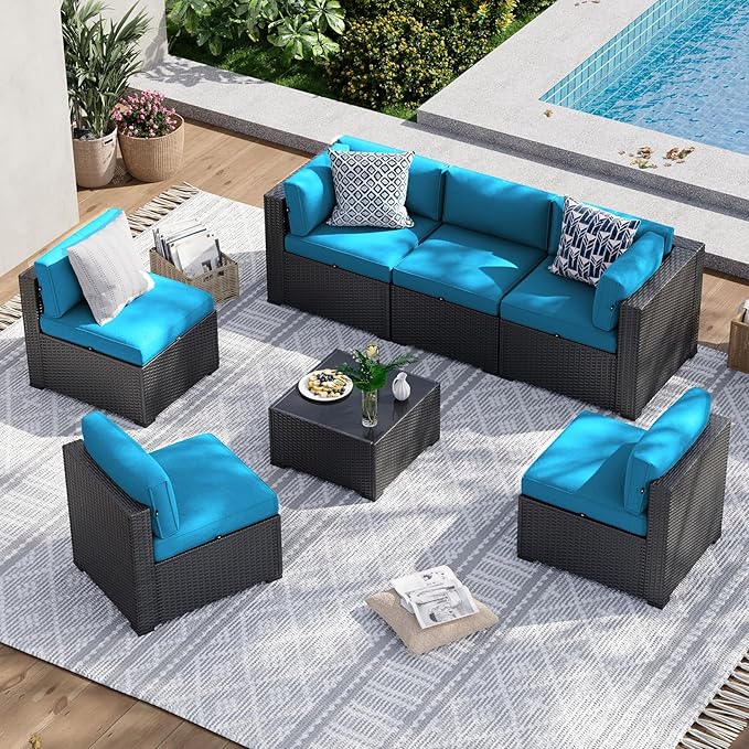 Aoxun 7 Piece Patio Furniture Set, Wicker Rattan Patio Sectional Sofa, Outdoor Furniture Set with Thickened Cushion, Light Gray