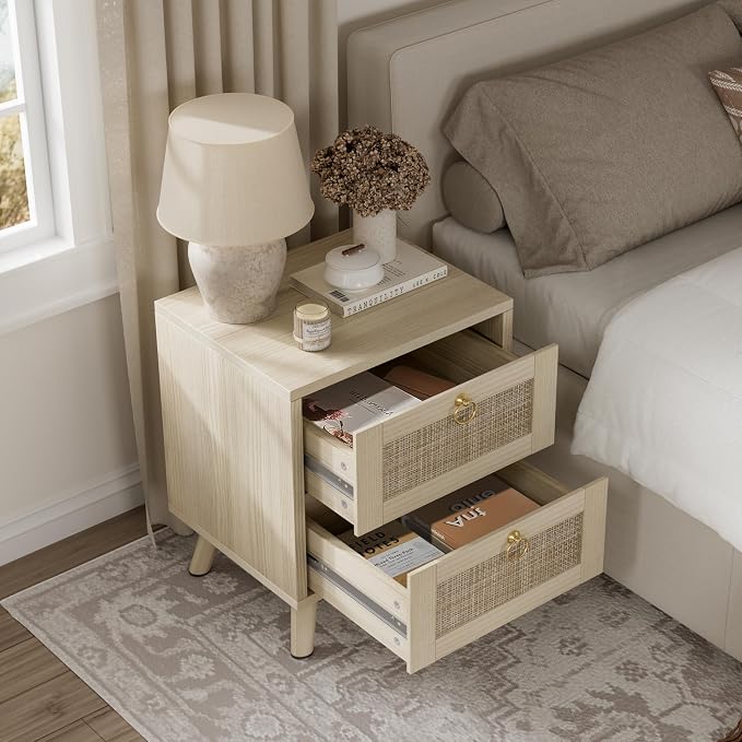 BOLUO Wooden Night Stand with 2 Drawer, Rattan Small Nightstand Boho Bedside Table for Bedroom Coastal - Image 6