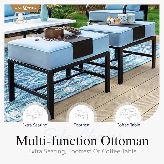 Sophia & William Patio Furniture Sets for 7 Outdoor Conversation Set 7 Pcs with 2 x Swivel Sofa Chairs, 2 x Armrest Chairs, 1 x 3-Seat Sofa, 2 x Ottomans for Coffee Garden Backyard Poolside Blue
