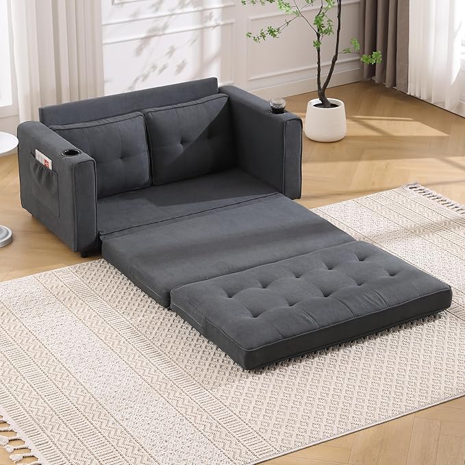 ERYE Foldable Loveseat Sofa Convertible Pull Out Sleeper Sofabed,2 Seat Tufted Upholstered Sofa Modern Convertible Sleeper Couch Bed with Cupholders and Side Pockets