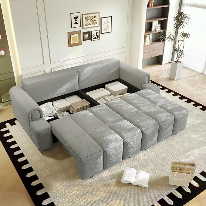 KEIKI 90.2" Space-Saving Convertible Sofa Bed – 3-in-1 Sleeper Couch with Deep Seats Storage, Modern Teddy Fabric Sofa for Apartment, Small Spaces, Studio Living, Multifunctional Sofa Bed with Wheels