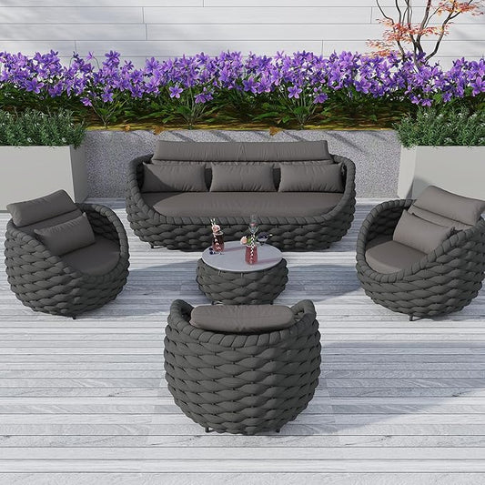 TWT Outdoor Patio Furniture Set-5 Pieces Aluminum Sectional Sofa, Metal Patio Conversation Set with Threeseat & Armchair, Textile Rope and Coffee Table, Dark Grey