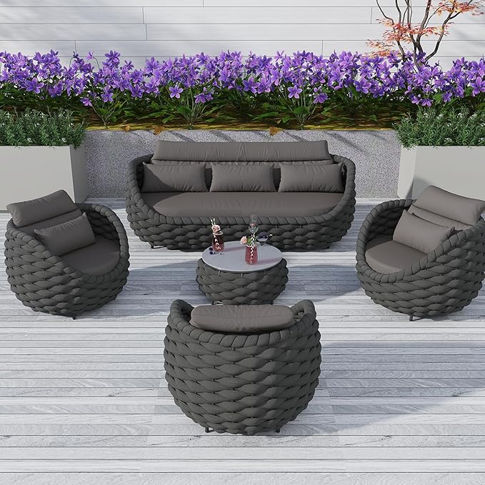 TWT 6-Piece Aluminum Patio Furniture Set, Modern Outdoor Conversation Set Sectional Sofa with Water Repellent Thick Cushions and Coffee Table for Balcony, Garden