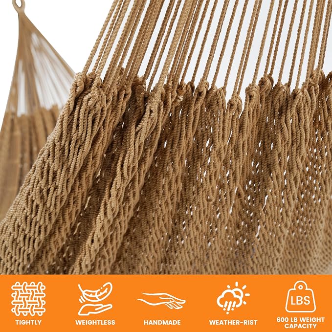 Lazy Daze Hammocks Handwoven Mayan Hammock, 10.5 FT Soft Rope Double Hammocks, Portable Outdoor Hammock with Carry Bag, 2 Straps & Carabiners for Patio Outside, 550 lbs Weight Capacity, Tan - Image 5