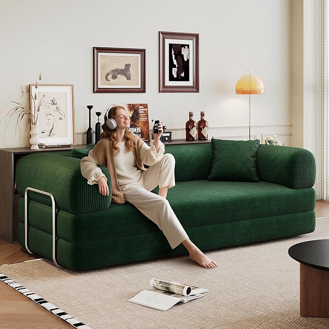 JINGLING 79" Queen Sleeper Sofa Bed with Memory Foam, Compressed Couch in a Box, Foldable Convertible Small Couches for Small Spaces Bedroom Game Room, Corduroy Fabric, Green