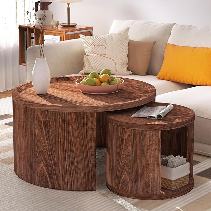 Round Nesting Coffee Table Set of 2, Mid Century Modern Circle Coffee Table, 31.5"&18" Wooden Circle Accent Tables with Wood Top, Minimalist Center Table, Space-Saving Side Table Set for Living Room