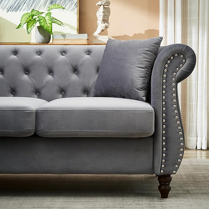 KEIKI 83.5" Chesterfield Corner Sofa, Retro Upholstered L-Shaped Couch with Rolled Arm, 5 Seater Velvet Sofas for Living Room Bedroom Office Apartment, Gray