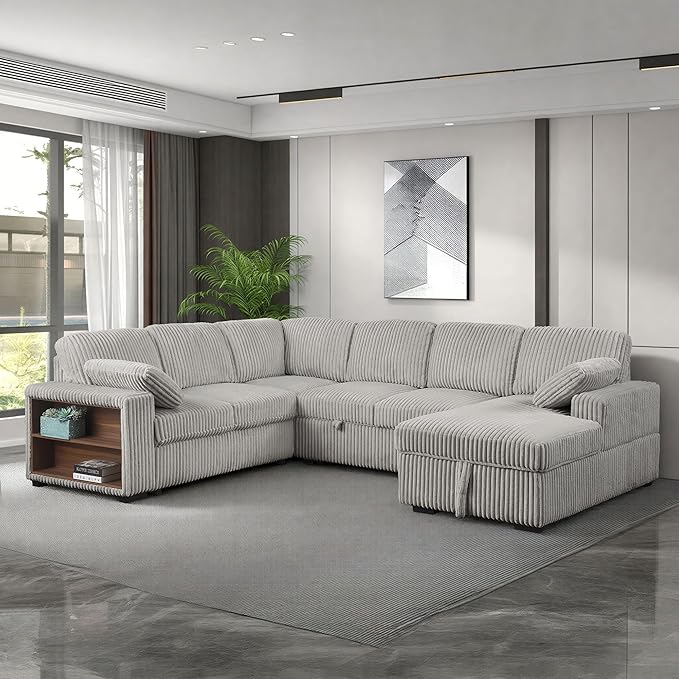Eafurn Oversized U Shaped Convertible Sleeper Sectional Sofa w/Pull Out Couch Bed, 6 Seater Corduroy Upholstered Corner Lounge Sofa Couch Sleeper Sofabed w/Storage Chaise,Shelves