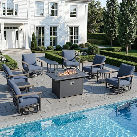 10Pcs Aluminum Patio Rocking Swivel Chair with 55,000 BTU Fire Pit Table Outdoor Bistro Set with Coffee Table, Patio Furniture Set with High Backrest & Thickened Cushions, Navy Blue