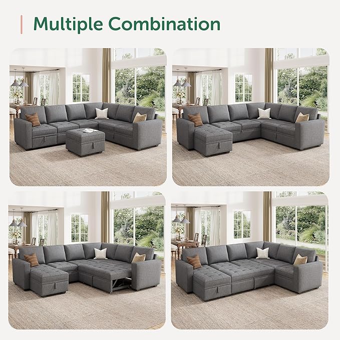 HONBAY Modular Sectional Couch with Pull Out Bed Sleeper Sofa with Storage U Shaped Modular Sectional Couches for Living Room,Mid Grey