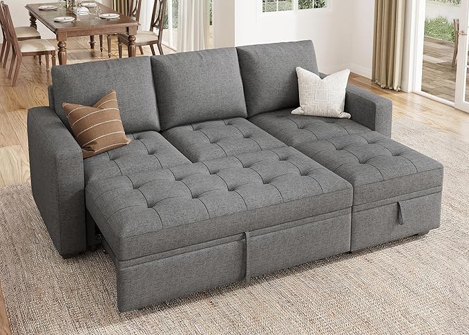 HONBAY Modular Sectional Sleeper Sofa with Pull Out Bed, L Shaped Couch with Storage Seat Sectional Couches for Living Room,Mid Grey