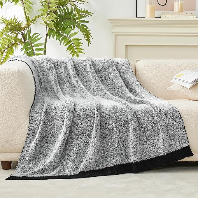 Amélie Home Knit Throw Blanket for Couch, Super Soft Fuzzy Cozy Throw, Giftable Knitted Blanket for Women Men, Birthday, Sofa Bed Living Room Decor, 60" x 80", Heather Black