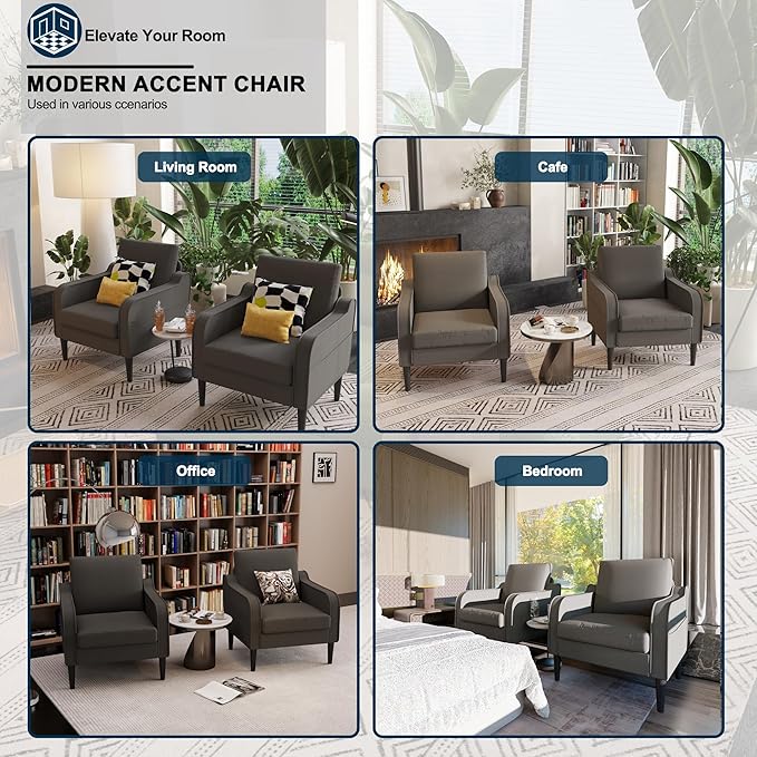 Ribilake Grey Accent Chair Set of 2 - Upholstered Armchair with Side Pockets, Comfy Living Room Arm Chair, Reading Accent Chairs for Bedroom, Living Room, Apartment, Office