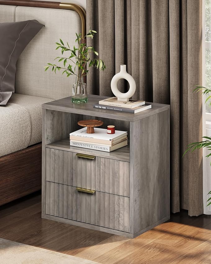 WLIVE Fluted Night Stand, Wood Nightstands with 2 Storage Drawers and Open Shelf, Mid Century Modern Bed Side Tables for Bedroom, Dorm, Greige by WLIVE