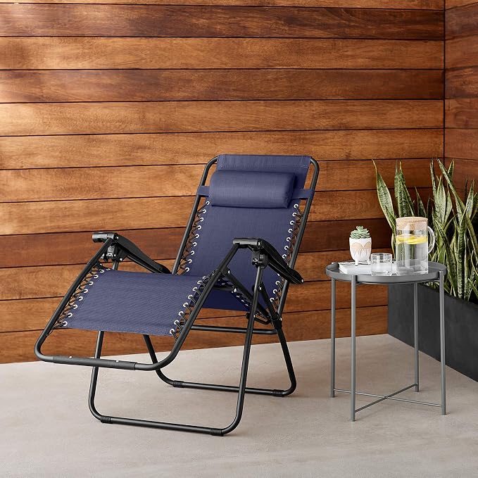 Amazon Basics Outdoor Portable Zero Gravity Reclining Lounge Chair with Headrest Pillow, Textilene, Lightweight, 26", Blue - Image 2