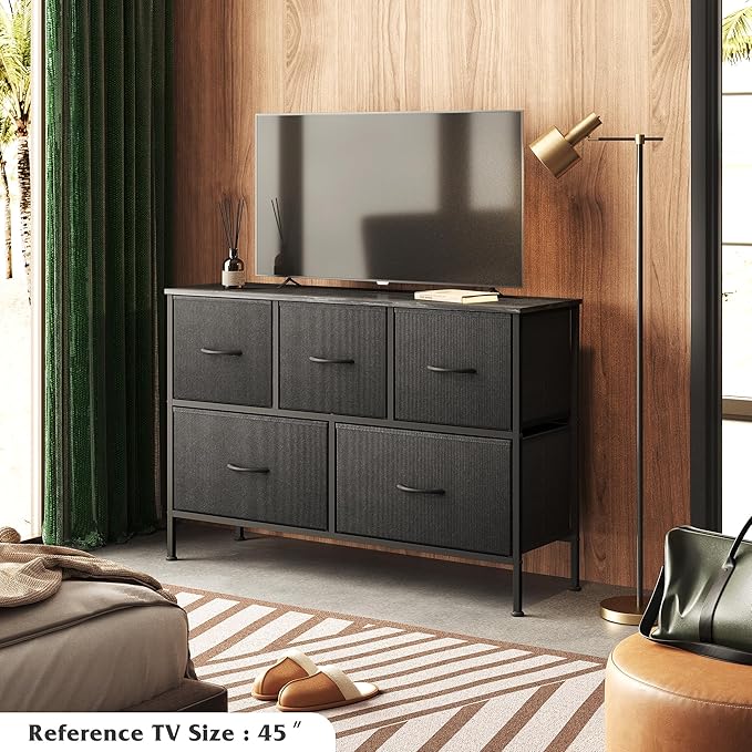 WLIVE Dresser for Bedroom with 5 Drawers, Long Fabric Dresser, Chest of Drawers, Storage Drawer Unit with Fabric Bins for Closet, Living Room, Hallway, Charcoal Black, Size L - Image 2