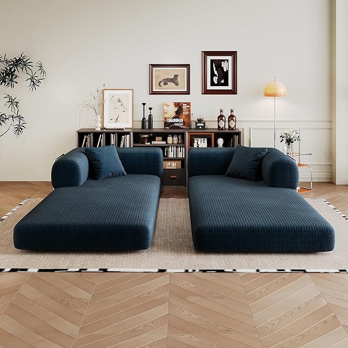 79" Convertible Sofa Bed, Corduroy Folding Pull Out Couch with Pillows, No Assembly Modern Boneless Couch Compression Sofa in Box, Floor Sofa with Support Rods for Living Room,Blue