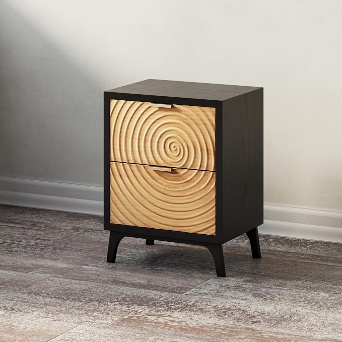 COZAYH 2-Drawer Farmhouse Nightstand with Handcrafted Wood Ring Motif, Black Nightstand for Bedroom, Fully-Assembled, Morden Rustic - Image 8