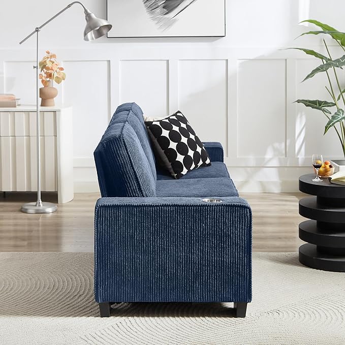 83" Modern Cloud Sofas for Living Room Bedroom, 3 Seat Modular Couch Soft Corduroy Upholstered Loveseat Couches with Cupholders for Home Apartment Office Studio
