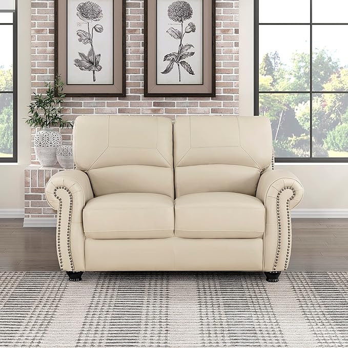 Lexicon Leather Match Couch for Living Room with Wood Frame, Rolled Armrest & Nailhead Trim, Top Grain Leather Match Sofa for Bedroom, Office, Waiting Room, 2-Seater Loveseat, Cream