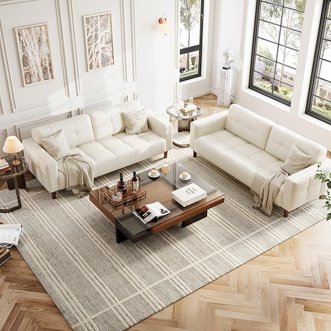 GarveeHome 3-Seater Sofa Couch, 83 in Wide Faux Leather Sofa Couch with Spring Cushion, Modern Sofa with Deep Seats and 2 Removable Back Cushions, for Living Room, Bedroom, Apartment, Office, Beige