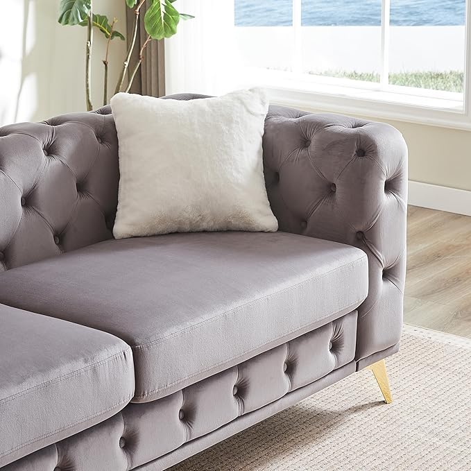 KEIKI 83" Luxury Oversized Velvet Chesterfield Sofa with 2 Pillows, Mid-Century Style 3-Seater Tufted Buttons Couch with High-Density Foam Cushions, Easy Assembly, for Apartment, Living Room, Grey