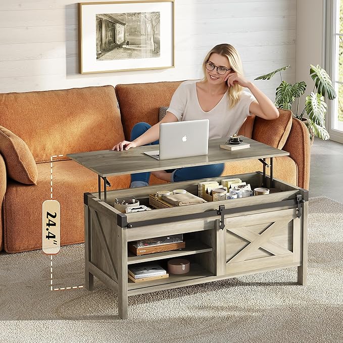 WLIVE Lift Top Coffee Table, 39.4" Farmhouse Coffee Table with Large Hidden Storage Compartment, Sliding Barn Doors, Modern Wood Center Table for Living Room, Office, Grey