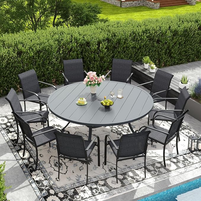DIFY Patio Dining Set for 10, 11 Piece Outdoor Table and Chairs Set, 63" Round Metal Patio Dining Table and Textilene Stackable Patio Chairs, for Backyard Garden Poolside, Grey by DIFY